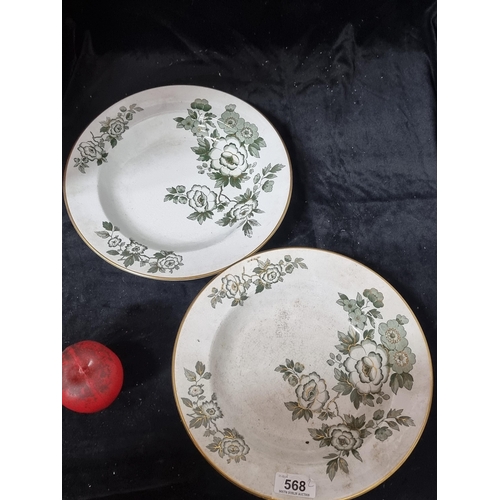 568 - Two antique early black mark Belleek porcelain plates featuring delicate green and gilt floral desig... 