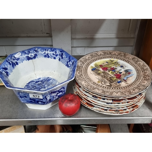 572 - Eight antique Mason's Ironstone china dinner plates in a fabulous red, blue and gilt pattern, along ... 