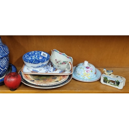 583 - Seven items including an antique Mason's Ironstone plate, a Portuguese hand made ceramic platter, a ... 