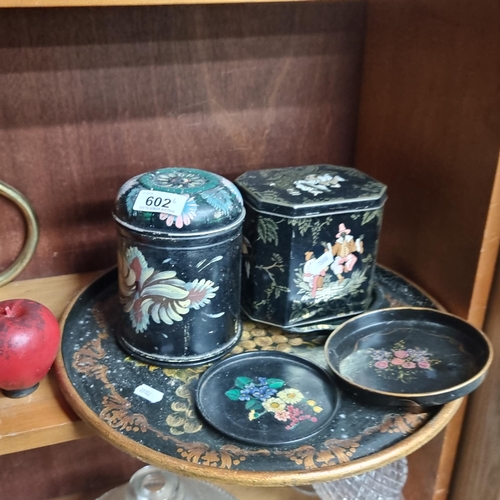 602 - A fantastic selection of 5 vintage  japanned  items including vintage toleware ring dishes and a ser... 