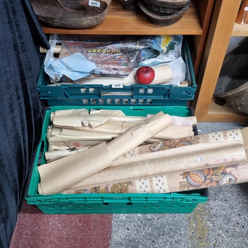 606 - A large collection of two boxes approx. 20 rolls of vintage wall paper including brand new rolls. Wi... 