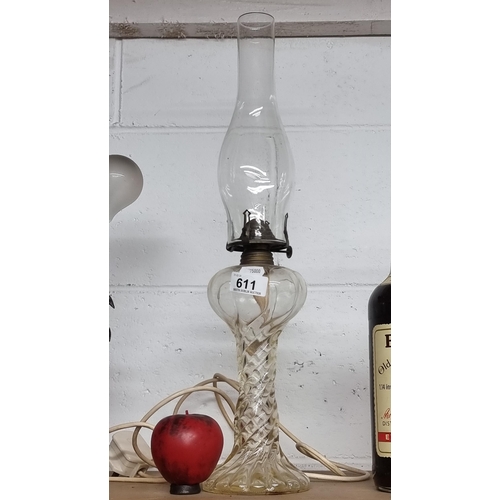 611 - An elegant vintage oil lamp with a twisted glass base and chimney. From the amazing, Montebello hous... 