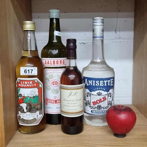 617 - Four bottles including three sealed examples with a 100cl Aalborg Akvavit, a 37.5cl J.P. Moscatel de... 