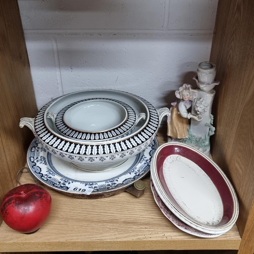 619 - A great selection of antique and vintage serving china including GEM tureens, two Mason's oval servi... 