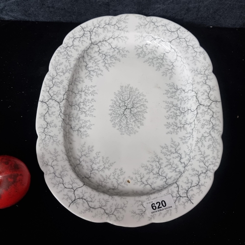 620 - A lovely 18th century sticky pottery serving platter boasting a delicate foliate motif in grey.