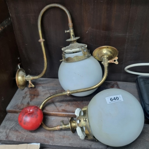 640 - An elegant pair of vintage sconce lamps with brass bases made in Bray and white matte glass shades. ... 