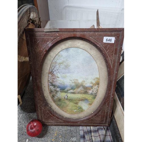 646 - A vintage print of an original watercolour landscape painting of a rural scene. Housed in a oval woo... 