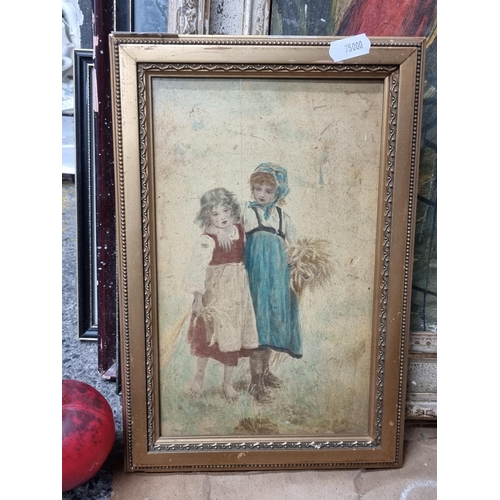 657 - A charming vintage original oil on varnished board painting featuring two young farm girls harvestin... 