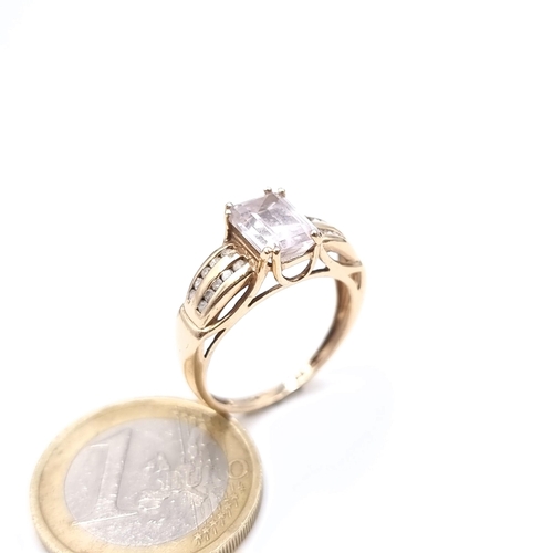 673 - Star Lot : A very attractive pink quartz  ring with 20 diamond channel cut shoulders, size P, weight... 