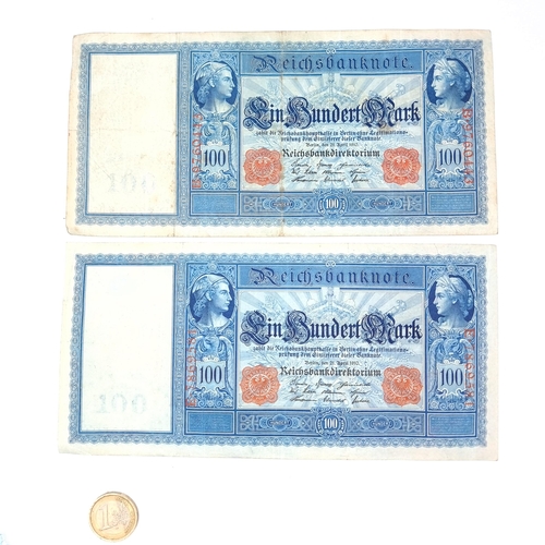 702 - Two very clean German Reichs Banknote, denomination 100 marks, marked Berlin 21st of April 1910. Not... 