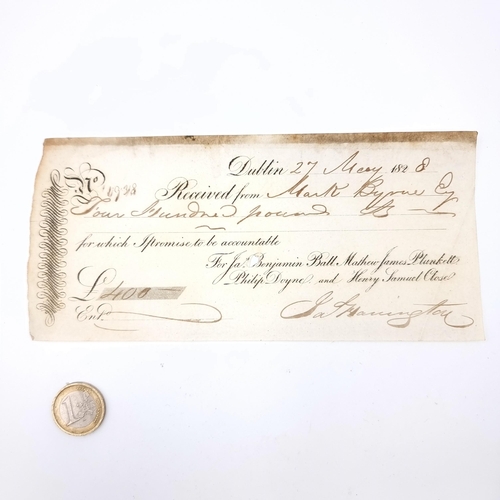 703 - A Dublin promissory note/cheque dated 27th of may, 1828 to the value of £400 , item in good conditio... 