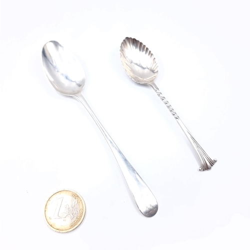 713 - Two sterling silver teaspoons, one with feathered bowl and barley twist handle, weight 11 grams, hal... 