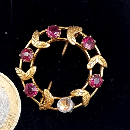 761 - Star Lot : A very good 9K gold floral ruby and gemstone brooch, diameter 2.5cm, weight 3.2 grams, pi... 