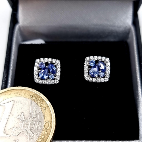 768 - A pair of tazanite stud earrings with white sapphire surround, old new stock, never worn, boxed.