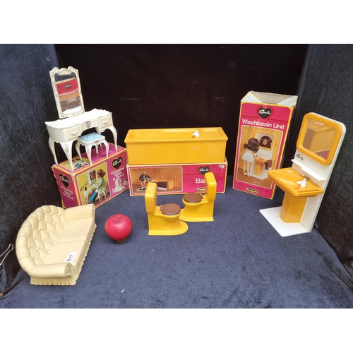 817 - Six wonderful retro Sindy doll accessories including a sofa, a washbasin unit, a bath, two toilets a... 