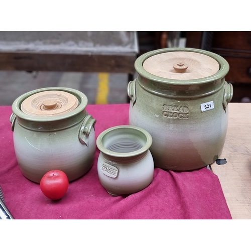 821 - Three fabulous pieces of Kiltrea pottery including large lidded bread crock and a cutlery drainer. H... 