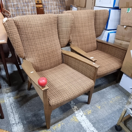 868 - Star lot: Two super vintage Mid Century Parker Knoll, wing back arm chairs with wooden frames, uphol... 