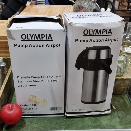 875 - Two Olympia Pump Action Airpot hot drink dispensers with 2.5L capacity. Both with original boxes.