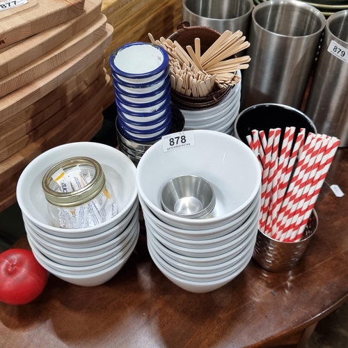 878 - A large collection of commercial restaurant/cafe items including ceramic bowls, condiment servers an... 