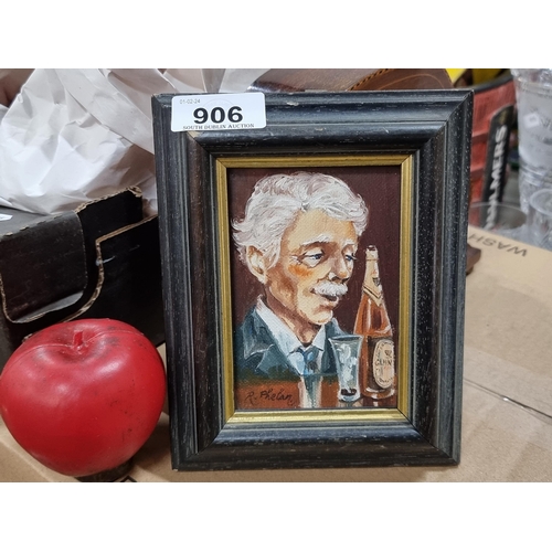 906 - A super original Rita Phelan (Irish) oil on board minature portrait of a man with his bottle of Guin... 