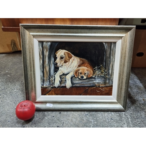 908 - A very sweet original oil on board painting featuring a dog and puppy. Signed K. Whelan bottom left ... 