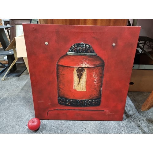 912 - A contemporary acrylic on canvas painting featuring a Chinese jar with burnt label. Signed indistinc... 