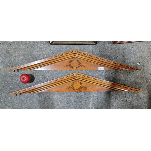 914 - Two wooden inlay furniture pediments with laurel wreath design.