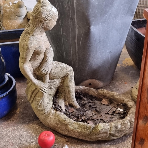 939 - Star Lot : A vintage  stone birdbath featuring a demure nude lady seated on edge. Really like this o... 