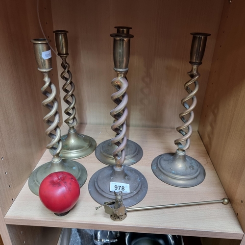 978 - A selection of five vintage brass barley twist candle sticks along with a brass super cute candle sn... 