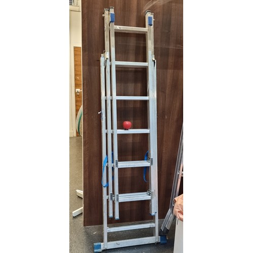 362 - A good quality three part extending ladder with eighteen steps and protection straps. Not extended h... 