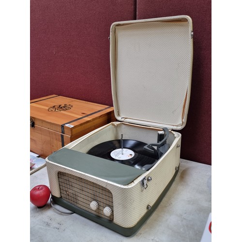 398 - A fab 1950's PYE portable record player turntable with green a cream patterned carry case.