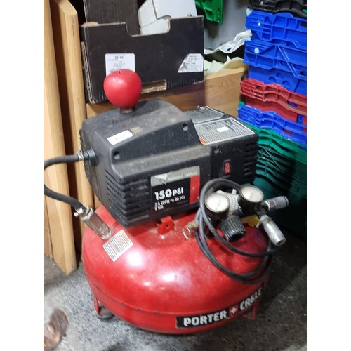 487 - Star Lot : A Porter Cable maintenance free pump with a 150psi 6 gallon pancake compressor model C200... 