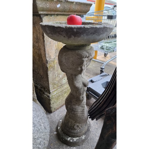 948 - Star Lot : A very ornate vintage stone garden birdbath with the stem in the form of a mermaid.