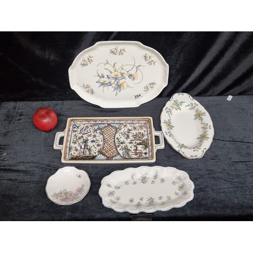 294 - A collection of five serving plates and trays including a Portuguese example and others from Aynsley... 