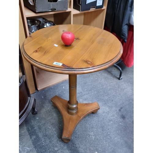 403 - A handsome side table with a round top and turned stem. From the kitchen of Montebello house, Kiline... 