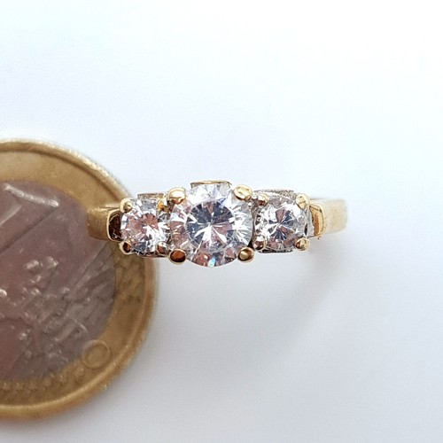 678 - A very bright three stone gemset ring mounted in 9K gold, size M, weight 2.98 grams, boxed. Large im... 