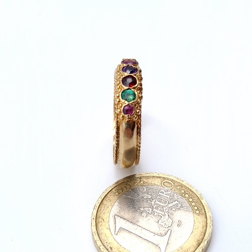 681 - Star Lot : An unusual precious gemstone ring set in 9K gold showing rubies, amethyst, emerald, garne... 