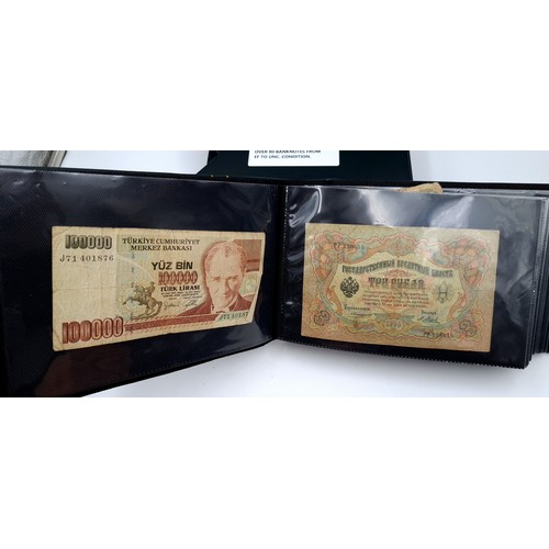 728 - A world banknote album of over 80 banknotes set in a leatherbound volume, notes from extra fine to u... 