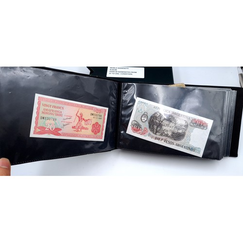 728 - A world banknote album of over 80 banknotes set in a leatherbound volume, notes from extra fine to u... 