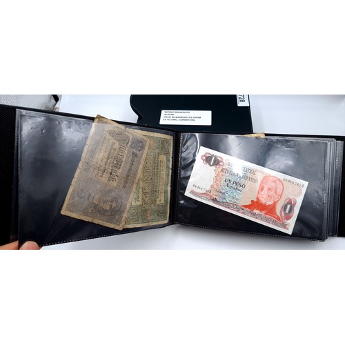 728 - A world banknote album of over 80 banknotes set in a leatherbound volume, notes from extra fine to u... 