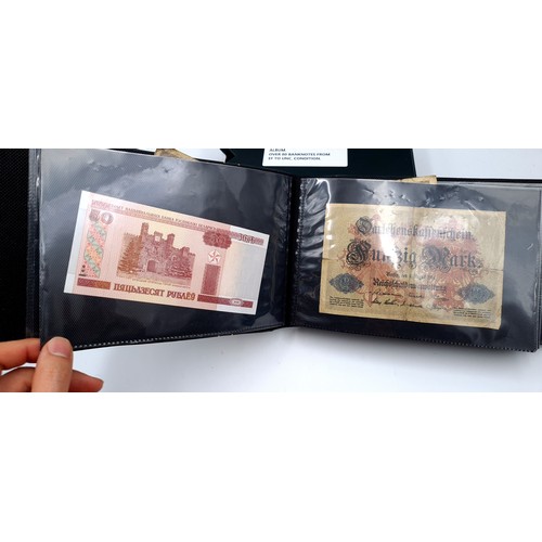 728 - A world banknote album of over 80 banknotes set in a leatherbound volume, notes from extra fine to u... 