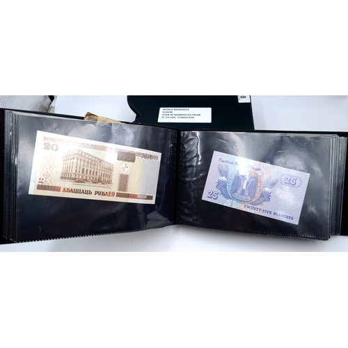 728 - A world banknote album of over 80 banknotes set in a leatherbound volume, notes from extra fine to u... 