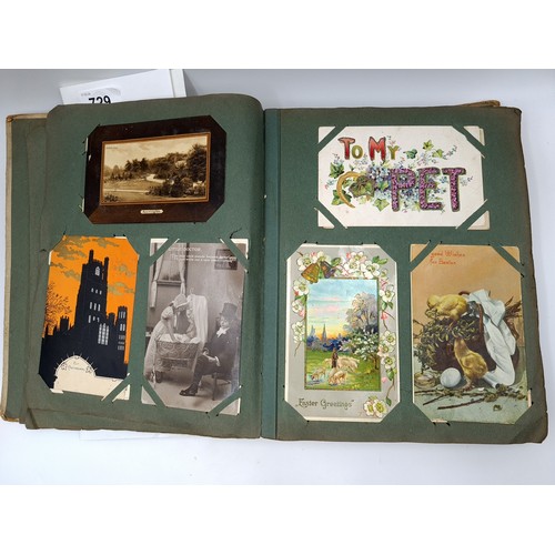 729 - A veery good quality postcard album, mostly coloured examples some with written correspondents, most... 