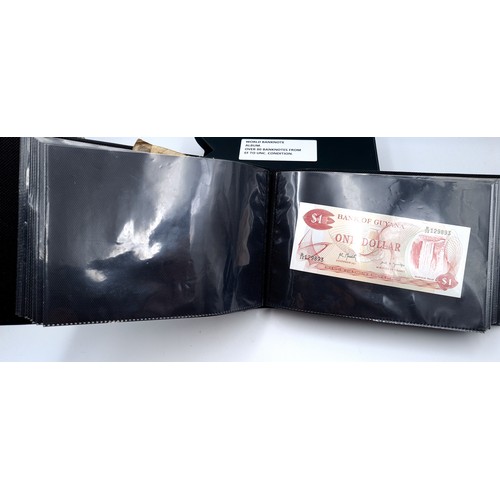 728 - A world banknote album of over 80 banknotes set in a leatherbound volume, notes from extra fine to u... 