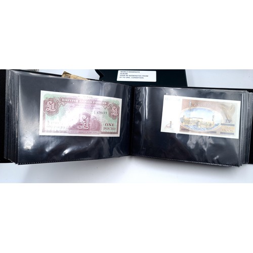 728 - A world banknote album of over 80 banknotes set in a leatherbound volume, notes from extra fine to u... 