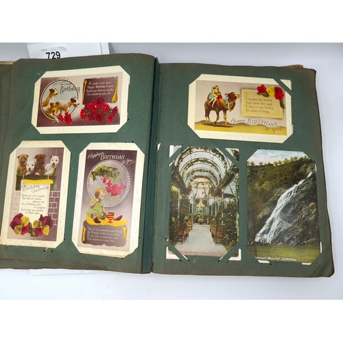 729 - A veery good quality postcard album, mostly coloured examples some with written correspondents, most... 