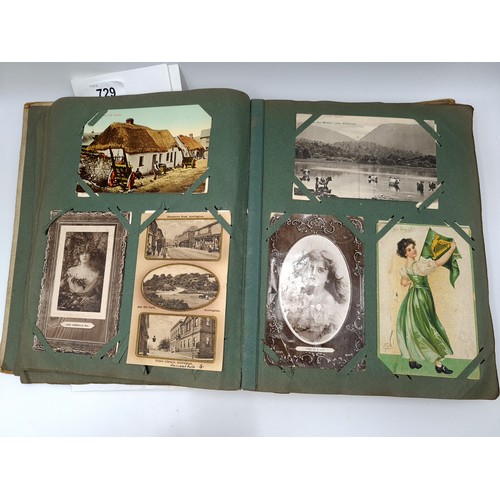 729 - A veery good quality postcard album, mostly coloured examples some with written correspondents, most... 