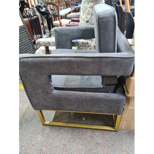 903 - A gorgeous designer modern grey velvet lounger chair featuring gold legs. Extremely comfortable. Fab... 