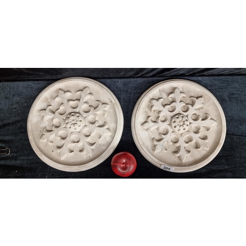 305 - Two lovely plaster ceiling roses with fleur di lis design. Approx 12