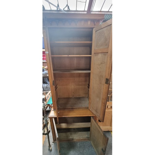 449 - Star Lot : A very handsome tall antique Arts and Crafts cupboard. Features three shelves to top inte... 